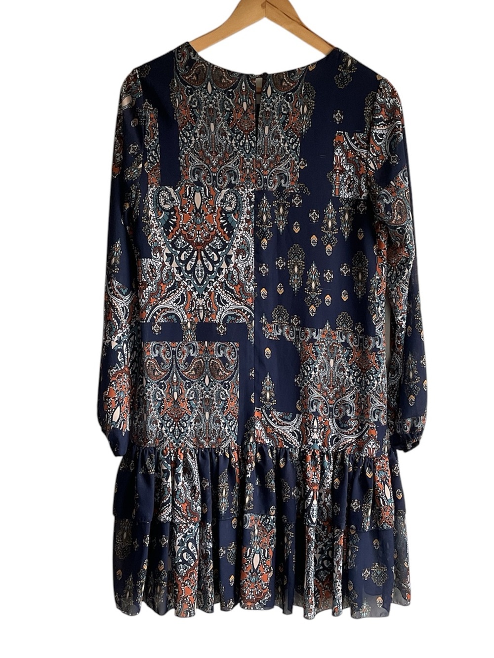 Lizzie Blue Navy Paisley Long-Sleeve Ruffle-Hem Dress, size 38 - Picture 2 of 9